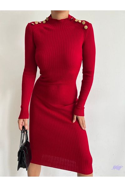 Secret Passion Lingerie Button Detail Half Fisherman Red Knitwear Midi Length Evening Dress and Graduation Dress 0107 711