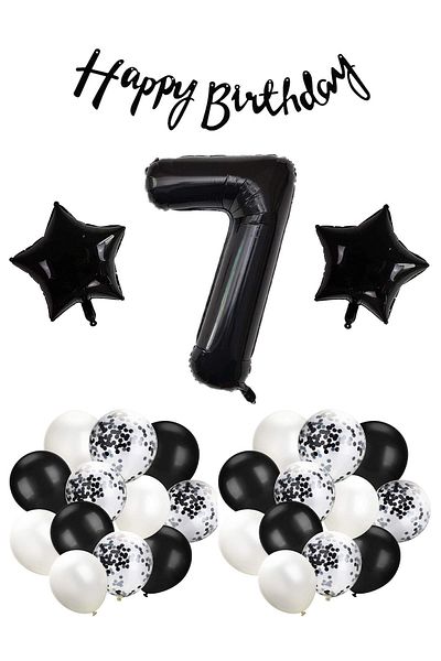 Patladı Gitti 7 Years Birthday Black Concept Celebration Set - White Black Balloon, Numeral Star Foil and Bann