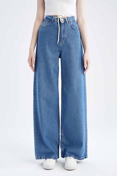 DeFacto Wide Leg High Waist Lace Detailed Jean 100% Cotton Trousers