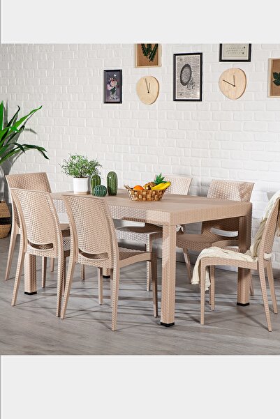 Modalife Rattan Home 6 Kişilik Bahçe Masa Takımı-cappucino
