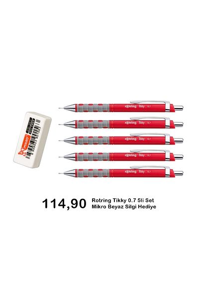 Rotring Tikky 0.7 Mm Red Set of 5 with Eraser Gift