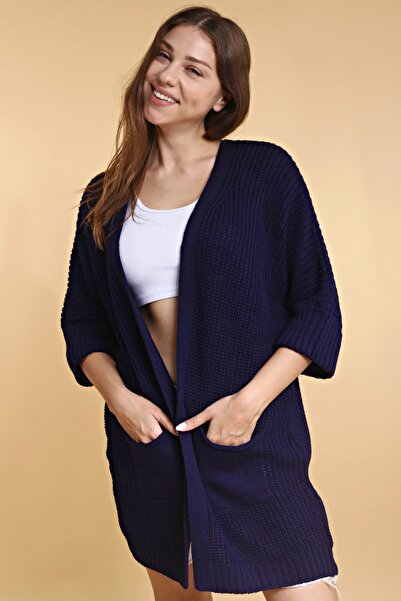 Devinka Oversize Γυναικεία Πλεκτή Ζακέτα με μακριά τσέπη Navy Blue
