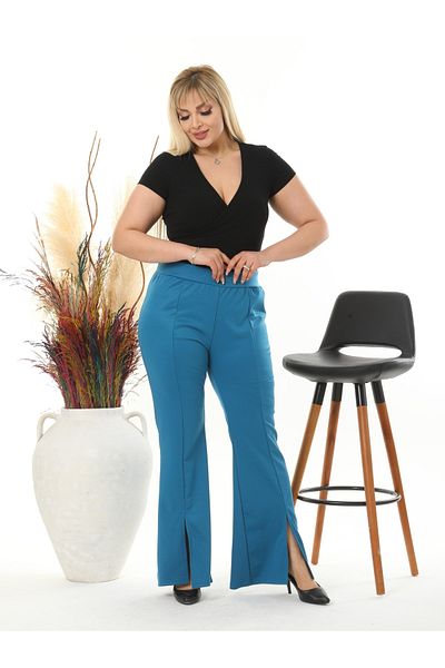 LİKRA Women's Large Size Front Slit Flare Leg Flexible Steel Interlock Trousers