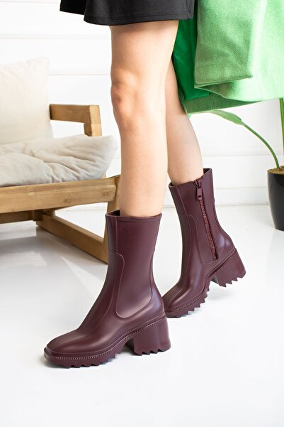wolk shoes Charming Bordo Mat Plastik Su Geçirmez Fermuar Detaylı Kadın Bot