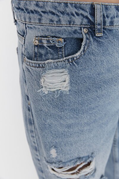 Trendyol Collection Μπλε σκισμένο φαρδύ πόδι χαμηλής μέσης TWOAW23JE00523