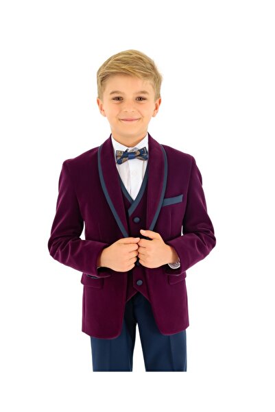 SIRRI Erkek Çocuk Yelek Ceket Pantolon 3 Parça Mor Kadife Takım Elbise