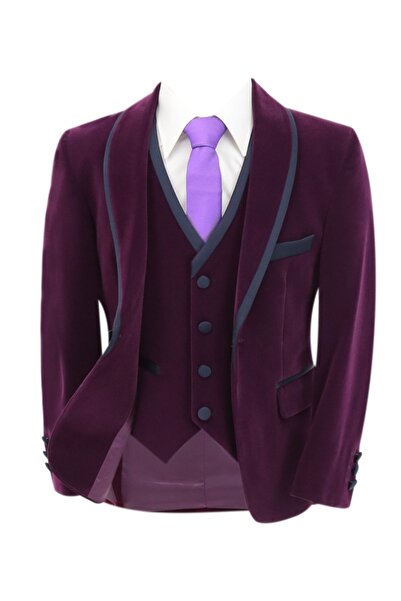 SIRRI Erkek Çocuk Yelek Ceket Pantolon 3 Parça Mor Kadife Takım Elbise