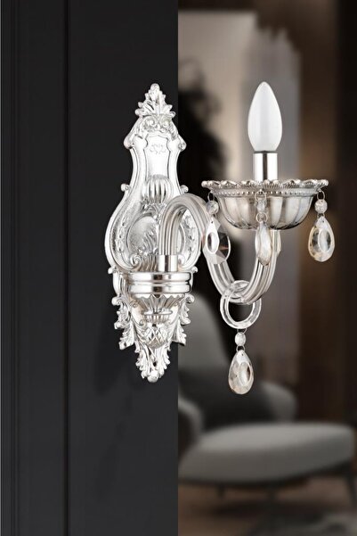 İstanbul Avize Saray Silver Single Cast Smoked Glass Arm Drop Stone Sconce
