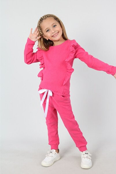 renkli diyar Girl's Bottom Top Set Long Sleeve Blouse and Trousers with Elastic Legs and Pockets