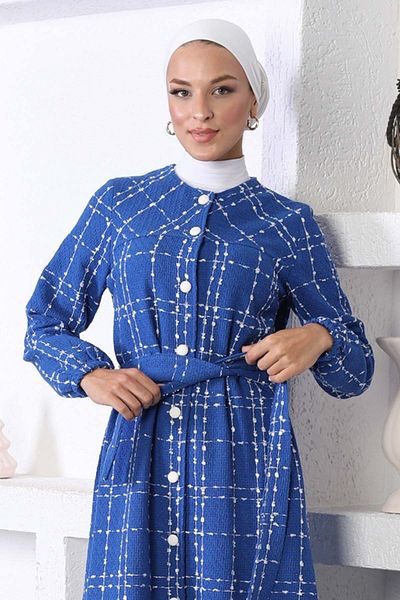 Modamihram Blue Stamp Coat - Buttoned, MİH10295
