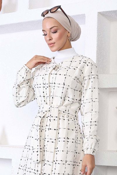 Modamihram White Stamp Coat - Belted, MİH10768