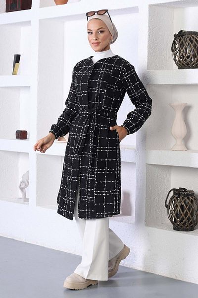 Modamihram Black Stamp Coat - Belted, MİH10768