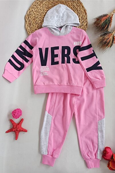 dubi baby Pink Vers Written Double Children's Tracksuit Set 1-2-3-4-5 Years