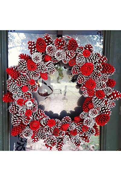 sfs elektrik Yılbaşı Kapı Süsü Kozalak Boyalı 35-40 Cm Aralığında Kırmızı Bey...