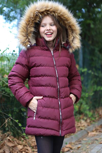 Transacoustic Girl's Claret Red Extra Soft Filling Silver Zippered Plush Hooded Faux Fur Coat Inside