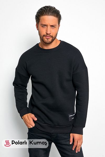 MRS CLOTHING Defend Men's Black Oversize Casual Crew Neck Woolen Comfortable Sports Sweatshirt