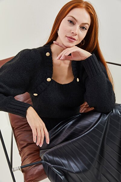 Bianco Lucci Pulover de damă, cu guler pătrat, cu modele, cu nasturi