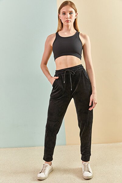 Bianco Lucci Women's Black Velvet Sweatpants with Elastic Waist 1880 40061008