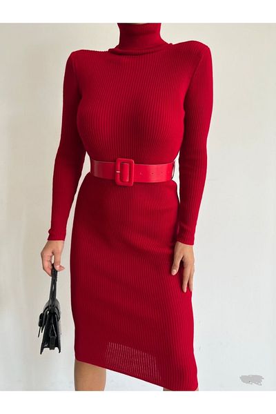 Secret Passion Lingerie New Season Belt Detail Turtleneck Red Knitwear Midi Length Evening Dress and Graduation Dress 0167 712