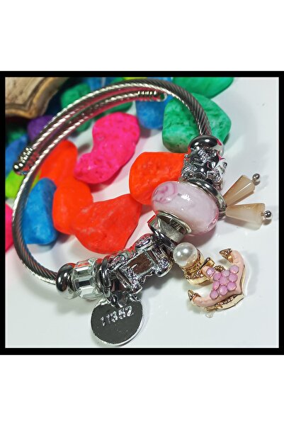 FAMİLY Pembe Çapa Detaylı Charmlı Silver Renk Paslanmaz Ve Kararmaz Çelik Bileklik