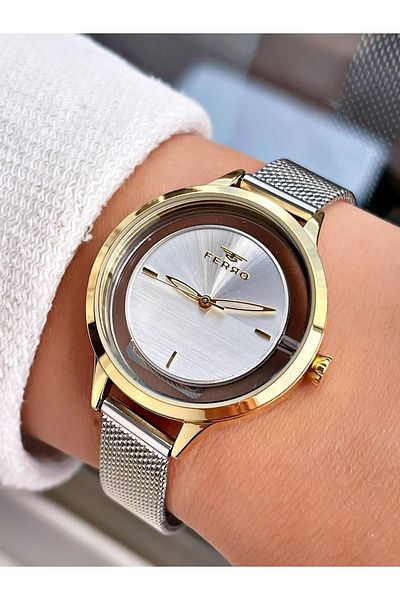 FERRO Gold Silver Double Color Plain Model Steel Cord Women's Wristwatch
