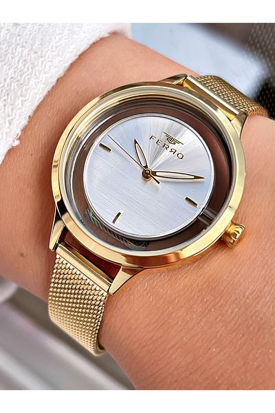 FERRO Gold Color Plain Model Steel Cord Women's Wristwatch