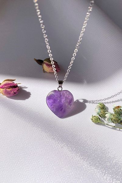 Caelia Dağal Stone Amethyst Heart Pendant 100% Natural Stone