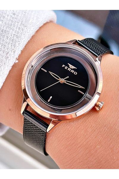 FERRO Black Color Plain Model Steel Cord Women's Wristwatch