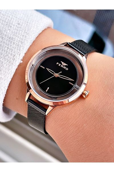 FERRO Black Color Plain Model Steel Cord Women's Wristwatch