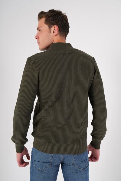 Trist Star Men's Khaki 100% Cotton Zippered Knitwear Cardigan - Stand Collar Pocket