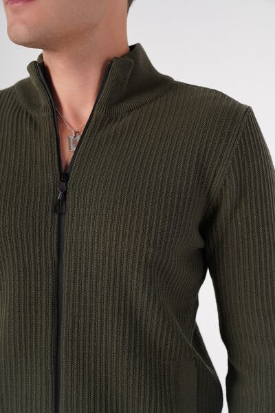 Trist Star Men's Khaki 100% Cotton Zippered Knitwear Cardigan - Stand Collar Pocket
