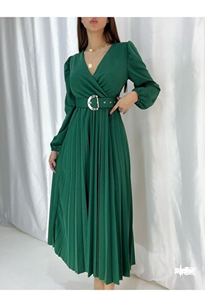 Secret Passion Lingerie Φόρεμα Hijab με διπλό στήθος μακρυμάνικο πράσινο χρώμα πιέτες με ζώνη Midi μήκος 708 582242