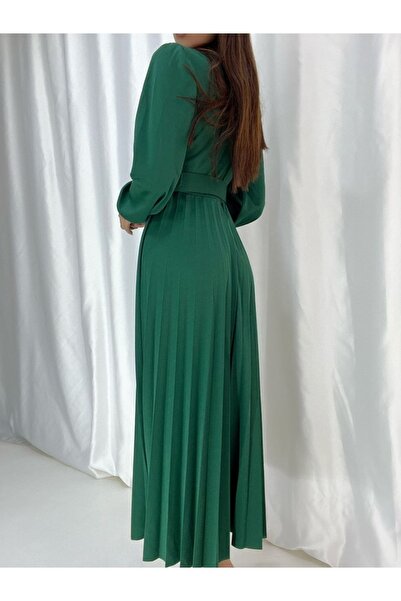 Secret Passion Lingerie Φόρεμα Hijab με διπλό στήθος μακρυμάνικο πράσινο χρώμα πιέτες με ζώνη Midi μήκος 708 582242