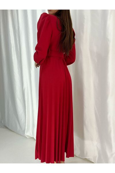 Secret Passion Lingerie Double Breasted Collar Long Sleeve Red Color Pleated Belted Midi Length Hijab Dress 708 582242
