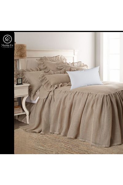 METİNEV Double Cotton Linen Bedspread Set Beige Color