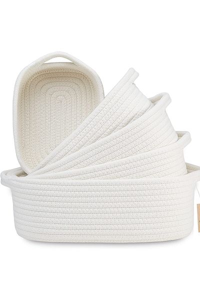 MaVaux 5 Pieces Natural Cotton String Woven Storage Basket - Bathroom and Kitchen Organization Box