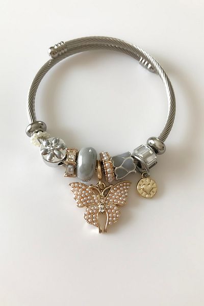 SilverStone Charm Model Lilac Butterfly Floral Shiny Stone Women's Silver Color Steel Bracelet