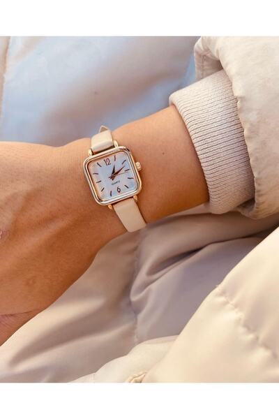 İnogge اللون البيج الحد الأدنى خمر ساعة اليد النسائية الجلدية