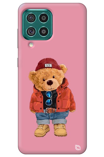 WANNA PROTECT Samsung M32 Pink Premium Velvet Teddy Bear Patterned Silicone P...