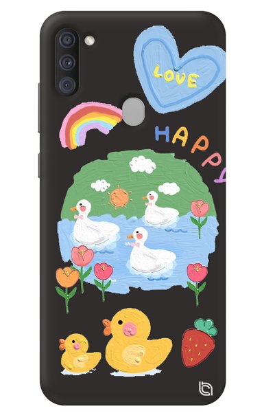 WANNA PROTECT Samsung M11 Black Premium Velvet Inside Happy Duck Patterned Si...