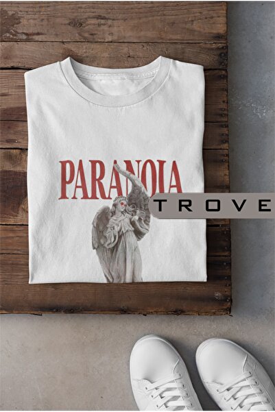 TROVE Tricou unisex pentru bărbați Paranoia, 100% bumbac, imprimat alb-negru