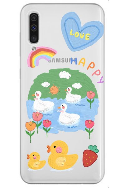 WANNA PROTECT Samsung A70 Happy Duck Pattern Patterned Transparent Silicone P...