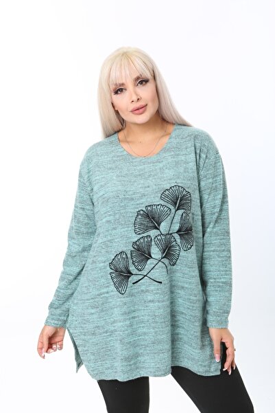 tıgersıze Large Size Women's Soft Flocked Printed Sweater