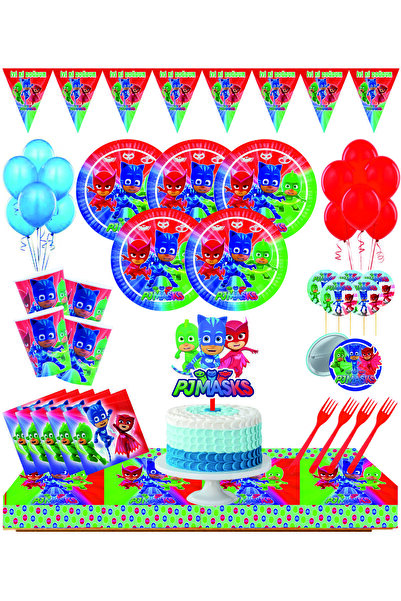 PJMASKS Pijamaskeliler 24 Kişilik Pasta Süsü Dahil Doğum Günü Seti Pjmask