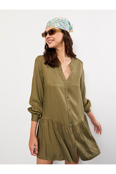 LC Waikiki LCW Vision Haki Kaçık Yaka Düz Uzun Kollu Gabardin Kadın Gömlek Elbise