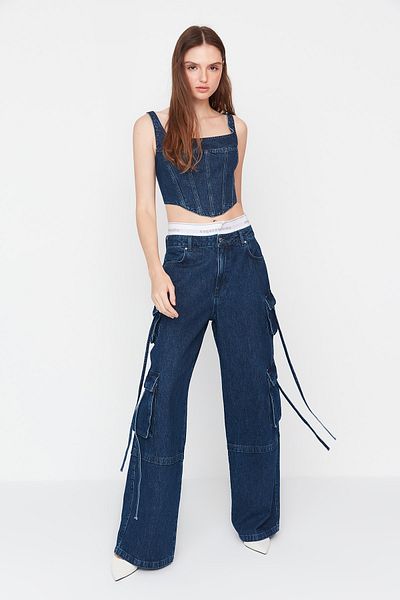 Trendyol Collection Blugi X Sagaza Studio Blue Buzunar Detaliați TPRAW23JE00005