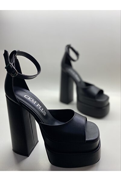 HAYYSHOES Siyah Deri Bilekten Bağlamalı Çift Platform Topuklu Sandalet
