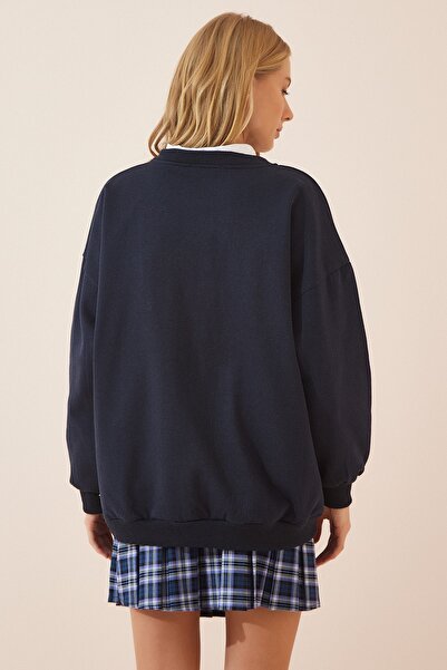 Happiness İstanbul Női tengerészkék nyomott magasított kötött pulóver DZ00064