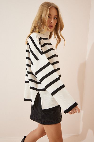 Happiness İstanbul Schwarzer Rollkragenpullover mit Streifenmuster für Damen in Übergröße, BV00014