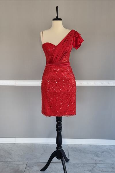 Lenta Moda Kırmızı Drape Detaylı Mini Boncuklu Dantel Abiye ve Gece Elbisesi